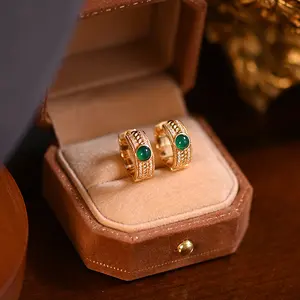 Vintage Luxury 18K Gold Plated Pure 925 Sterling Silver Green Onyx Hoop Earrings for Women Jewelry