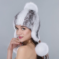 Maßgefertigte Winter-Nerzmütze Echte Fellstreifen Genähte Strickmütze Mit Fuchsfell-Bommel Ohrenklappe Mütze Mit Ohrenschutz
