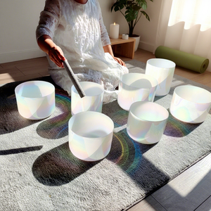 Ensemble de bols sonores en cristal de quartz blanc nacré, lot de 7 bols chantants à accord parfait, instruments de guérison sonore, thérapie sonore - Product Image 1