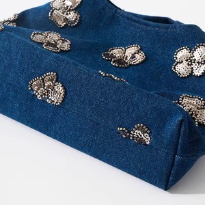 Flower Sequin Handbags Casual Denim Wrist Bags for Women Appliques Shoulder Bag <strong>Designer</strong> Small Canvas Tote Ladies Clutch Pouch - Product Image 4