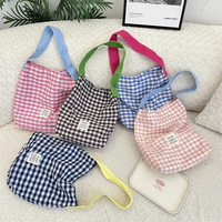 Tas Tote Selempang Kanvas Motif Kotak-kotak Kontras, Gagang Panjang Lipat, Kasual Simpel, Fashion Terbaru