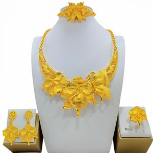 <b>Flower</b> Jewelry Set 22k Gold Plated Necklace Earrings Ring <b>Bracelet</b> Wedding Women's Ethnic Style - Product Image 1
