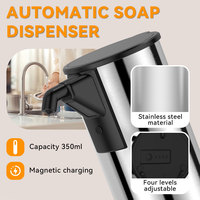 Distributeur de savon automatique sans contact en acier inoxydable, ensemble de pompes 350 ml (12 oz), chargement magnétique, 4 niveaux réglables pour cuisine et salle de bain