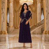 Robe Kaftan Perlée Col V Coupe Ample Longueur Maxi Manches Courtes Confortable Élégante Modeste Robe de Soirée pour Femmes Musulmanes