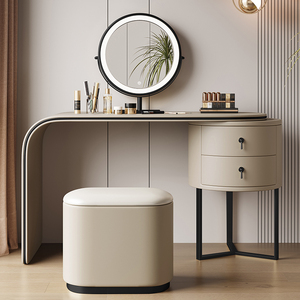Ensemble de coiffeuse moderne de luxe en bois <span class=keywords><strong>blanc</strong></span> pour chambre à coucher avec tiroirs, miroir LED, meuble multifonctionnel au design unique - Product Image 4
