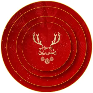 创意金色麋鹿鹿角和铃铛图案红色圣诞骨瓷餐盘