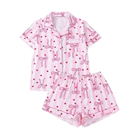 Ensemble pyjama femme, haut à manches courtes décontracté d'été, col, short ample, léger, respirant, imprimé cœur, nœud, rayures, rose