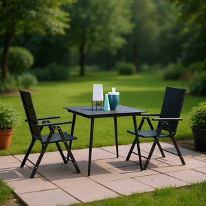 Ensemble de salle à manger en rotin noir, 2 places, pliable, mobilier de jardin extérieur, design contemporain, structure en métal, accoudoirs réglables - Product Image 2