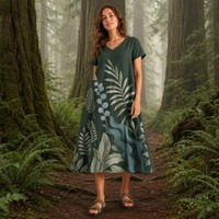 Gaun Midi Wanita 100% Katun Grosir, Model Trapeze Santai, Cetak Grafis Botani, Musim Semi Musim Panas, Vancouver, Ramah Lingkungan, Hutan Hujan, Kasual
