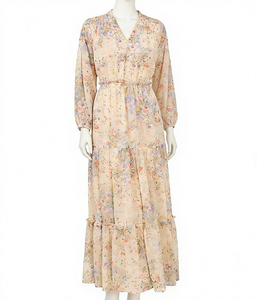 Robe longue élégante pour femme, automne 2026, personnalisée, manches longues, avec bordure à volants, à étages, en mousseline de soie, élégante, fine - Product Image 1