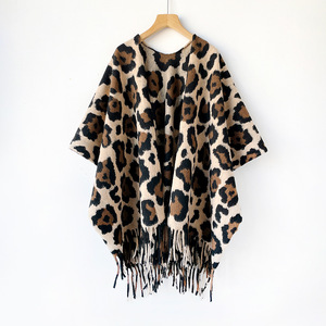 Poncho imprimé léopard en gros, cape épaisse surdimensionnée, manteau à ourlet fendu, style européen et américain, châle enveloppant automne-hiver pour femme - Product Image 3