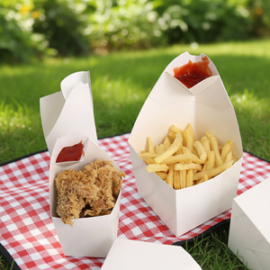 Boîte d'emballage jetable et recyclable en papier blanc en forme <span class=keywords><strong>de</strong></span> cône, avec pelliculage brillant et traitement UV, pour frites, chips, snacks, et compartiment pour ketchup - Product Image 2