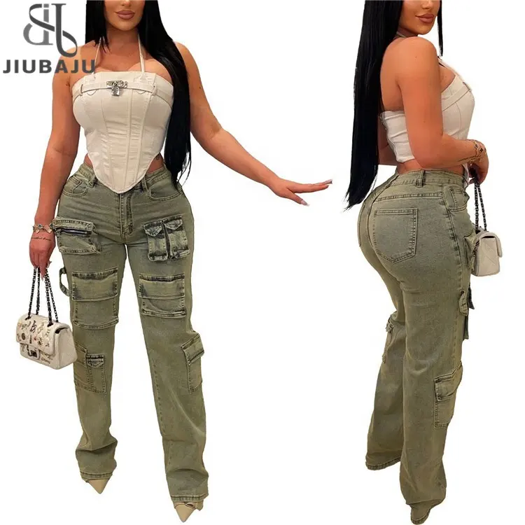 Pantaloni in Denim autunnale da donna Jeans lisci con cerniera frontale Multi tasca 2024 donna