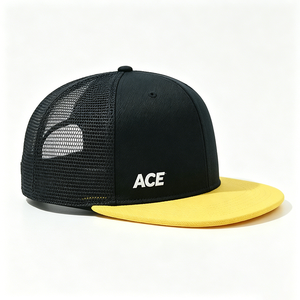 Custom Logo Black Yellow Character Unisex Trucker <b>Hat</b> Breathable Mesh Back Trucker Cap OEM Wholesale Printed <b>Flat</b> Brim - Product Image 3