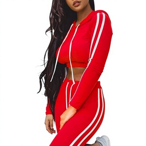 Ensemble de survêtement rayé rouge pour femme, haut court à manches longues, pantalon long, tenue sportive, taille élastique, extensible dans les quatre sens - Product Image 5
