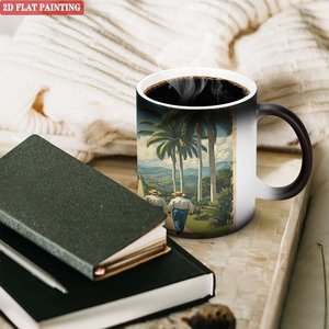 Taza mágica de cerámica negra esmerilada de 11 oz que cambia de color con diseño artístico tropical para café, té y bebidas - Product Image 3