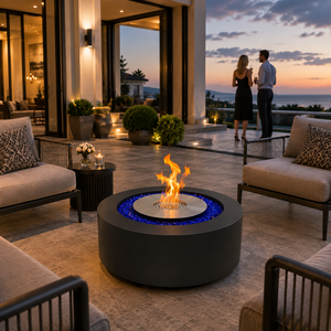 Table de foyer extérieur au <span class=keywords><strong>bio</strong></span>éthanol, foyer rond avec verre bleu, brûleur en acier inoxydable <span class=keywords><strong>pour</strong></span> patio et jardin - Product Image 1