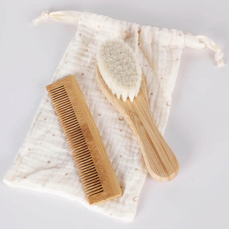 Eco-friendly High Quality kids baby Hair Brush custom Wooden bamboo soft Goat bristle Baby Hair Brush and comb set