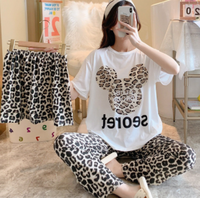 Piyama Sutra Susu Musim Semi Termurah 3pcs Set Motif Kartun Lengan Pendek Kerah Bulat + Celana Panjang Santai untuk di Rumah