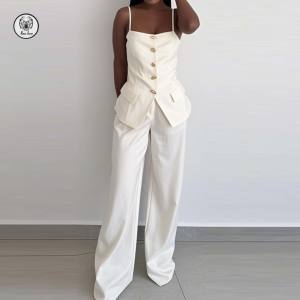 Nouveauté 2025 : <span class=keywords><strong>Ensemble</strong></span> <span class=keywords><strong>femme</strong></span> avec débardeur long à bretelles spaghetti et boutons dorés esthétiques, et <span class=keywords><strong>pantalon</strong></span> long taille haute - Product Image 1