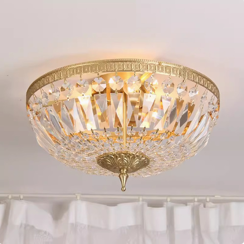 French European Retro Crystal LED Ceiling Lamp with Modern Brass Base for Bedroom Living Room Entrance Cloakroom