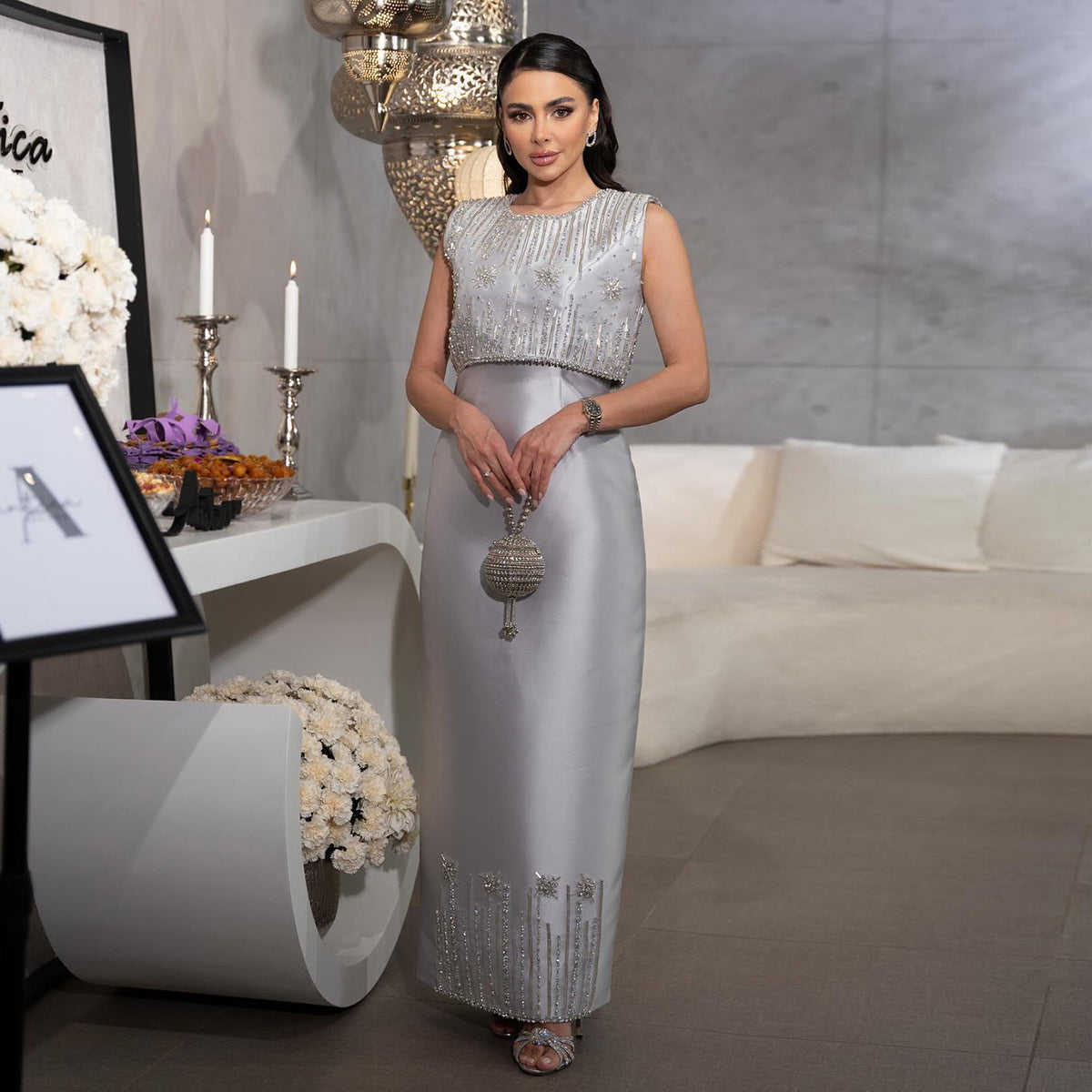 Silver Beaded Satin Wedding Dresses Elegant Luxurious