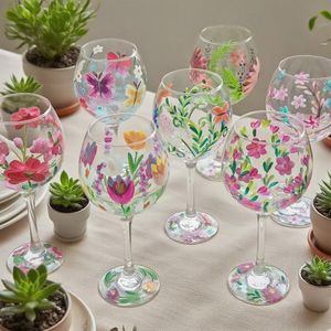 Verre à vin floral peint à la main avec logo personnalisé OEM, pied torsadé esthétique, grand volume, pour mariage, hôtel, café - Product Image 5