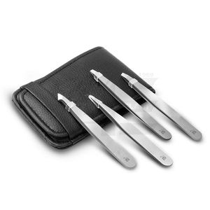 Juego de 4 Pinzas para Cejas y Pestañas de Acero Inoxidable con Punta Inclinada, con Estuche de Cuero y Acabado Espejo - Product Image 1