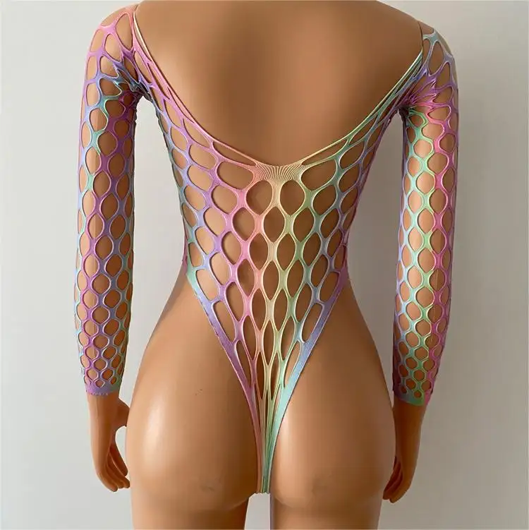 Porno Crochet Bikini Cover Up See Through Sexy body maniche lunghe Rainbow Fishnet Beachwear