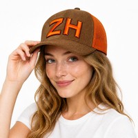 Casquette de baseball unisexe marron style trucker avec dos en maille, devant en mousse, visière courbée, fermeture snapback, six panneaux, réglable, vente en gros