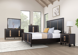 Modern Adjustable Convertible Soft <b>Bed</b> <b>Queen</b> <b>Size</b> Espresso High Panel Headboard with Gold Accent Trim - Product Image 3