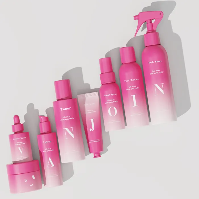 Pulverizador corporal cosmético cor-de-rosa fosco, conjunto de 8 conjuntos de PP para cuidados com a pele, cor personalizada, limpador facial, para homens e crianças