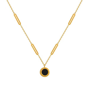 Collana in Acciaio Inossidabile Placcato Oro 18K per Donne, Catena Geometrica a Graffetta con Ciondolo Rotondo Nero - Product Image 1