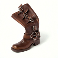 Bottes de motard personnalisables marron vieilli à multiples boucles pour femme, style western rétro, mi-mollet, à talon épais