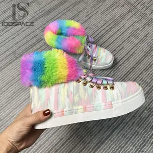 IDOIT Neueste Winter Fluffy Boots Große Damenschuhe Lady Bunte Kunst pelz Rosa Stiefel Regenbogen Pelz stiefel