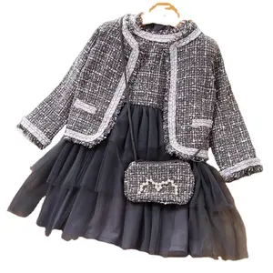 WEN Long Sleeve Coat Tulle Dress Kids 3 Pieces Girls Winter Clothing Sets Elegant Dresses For Girls