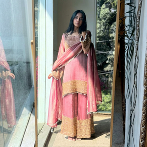Nuevo Conjunto de Kurta Palazzo Tradicional de Seda Rosa de Diseñador, Vestido Indio de Boda Pakistaní Estilo Bollywood, Prenda de Lujo Lista para Usar, Superventas - Product Image 1