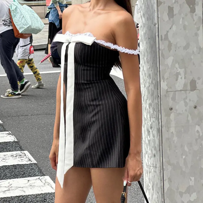 Summer Fashion Off Shoulder Dresses Female Clothing Striped Patchwork Basic A-Line Commute Big Bow Bandage Mini Dress 2814
