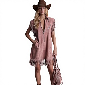 <span class=keywords><strong>2026</strong></span>新款欧美休闲休闲防静电粉色仿麂皮无袖流苏连衣裙西部复古拉链短裙 - Product Image 1