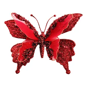 2023 새로운 크리스마스 트리 장식 인공 나비 반짝이 레드 인공 나비 장식