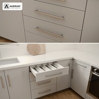 Meuble de cuisine en PVC avec portes thermoformées, aménagement moderne en L, dimensions personnalisées, boîtes en panneaux mélaminés et tiroirs à fermeture amortie