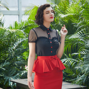 Camicetta Vintage da <span class=keywords><strong>Donna</strong></span> OEM con Maniche Corte, Colletto a Risvolto, Bottoni Rossi, Design Patchwork in Rete, Moda Estiva - Product Image 3