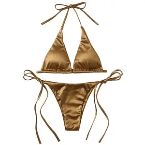 Sexy Phụ Nữ Kim Loại Halter Top Hai Mảnh Áo Tắm Tie Side Tam Giác Mặc Bikini Mùa Hè Satin Tắm Phù Hợp Với Bộ Bikini