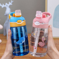 Bouteille d'eau pour enfants 480 ml sans BPA en Tritan avec paille, motif dessin animé mignon, anti-fuite, compatible eau bouillante, pour l'école, les activités de plein air et les voyages
