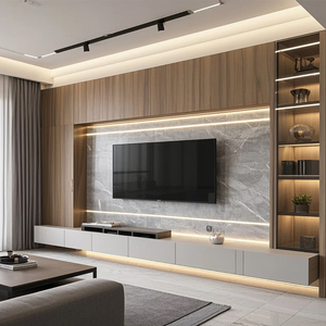Prix d'usine Mobilier de luxe au design moderne Étagère flottante en bois marron <span class=keywords><strong>Meuble</strong></span> mural incurvé pour <span class=keywords><strong>console</strong></span> de télévision Armoire de support - Product Image 4