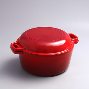 Marmite à double poignée pré-assaisonnée rouge blanc noir ronde 26cm en fonte 2 en 1 Casserole en fonte Double <span class=keywords><strong>faitout</strong></span> - Product Image 2