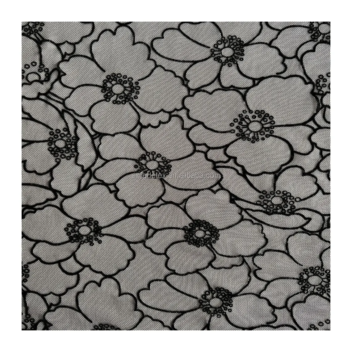 Eco-friendly China Factory Vintage Floral Warp Knitted Breathable Paisley Upholstery Lace Black Flock Fabric for Dress