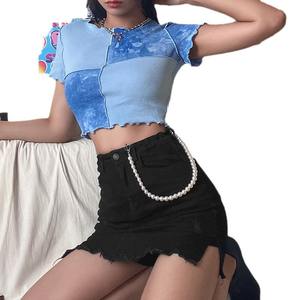 เสื้อครอปเก๋ๆเสื้อยืดมัดย้อมกับงานปะติดเลื่อมเสื้อยืดฤดูร้อนสำหรับผู้หญิงเสื้อผ้าสีม่วงหรือสีฟ้ามีระบายชาย - Product Image 6