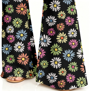 Leggings Vintage Neri a Zampa d'Elefante con Stampa Floreale Geometrica, Vita Alta, Elastici in Quattro Direzioni, Casual - Product Image 4