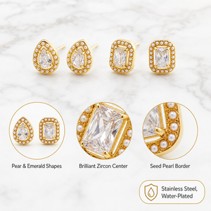 <span class=keywords><strong>Orecchini</strong></span> <span class=keywords><strong>a</strong></span> Perno in Acciaio Inossidabile Color Oro con Zirconi 10.6mm, Placcati in Acqua, <span class=keywords><strong>a</strong></span> Forma di Pera Rettangolare, con Piccola Perla Imitazione, Gioielli all'Ingrosso - Product Image 2